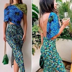 NEW Zara Floral Midi Dress Stretch Asymmetrical Blue Green Blogger Fave XS - S